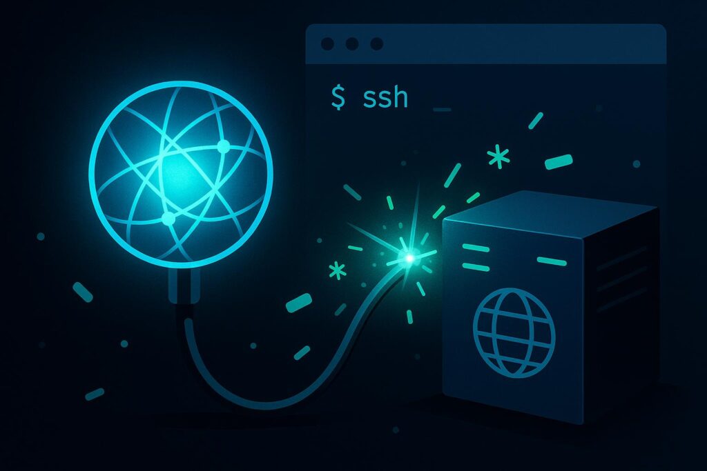AI agent neural node connecting to a web server with SSH terminal in background