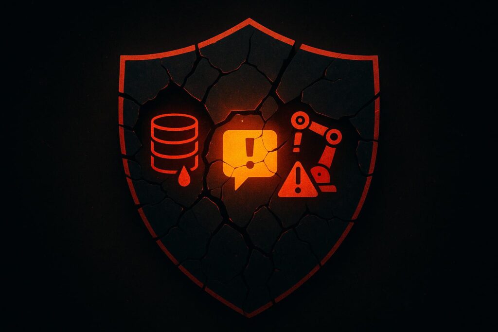 Broken shield revealing AI governance failures: data leakage, prompt injection, unchecked automation