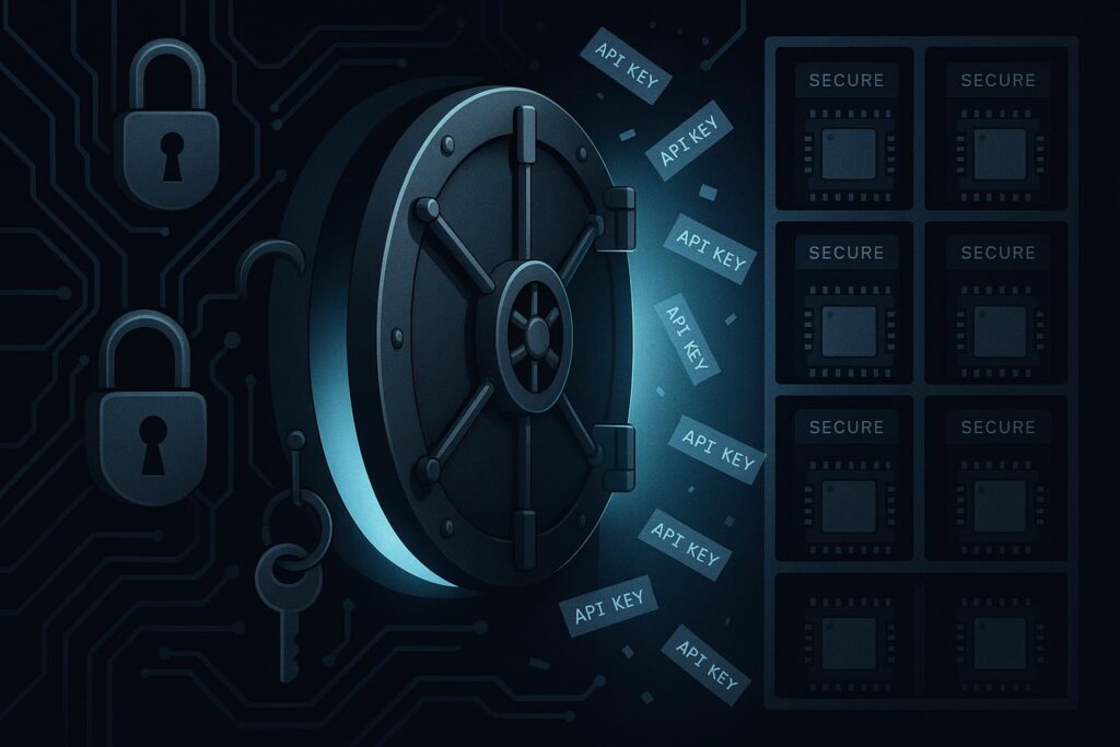 Glowing vault with organized API key fragments and memory chips, representing secure credential management