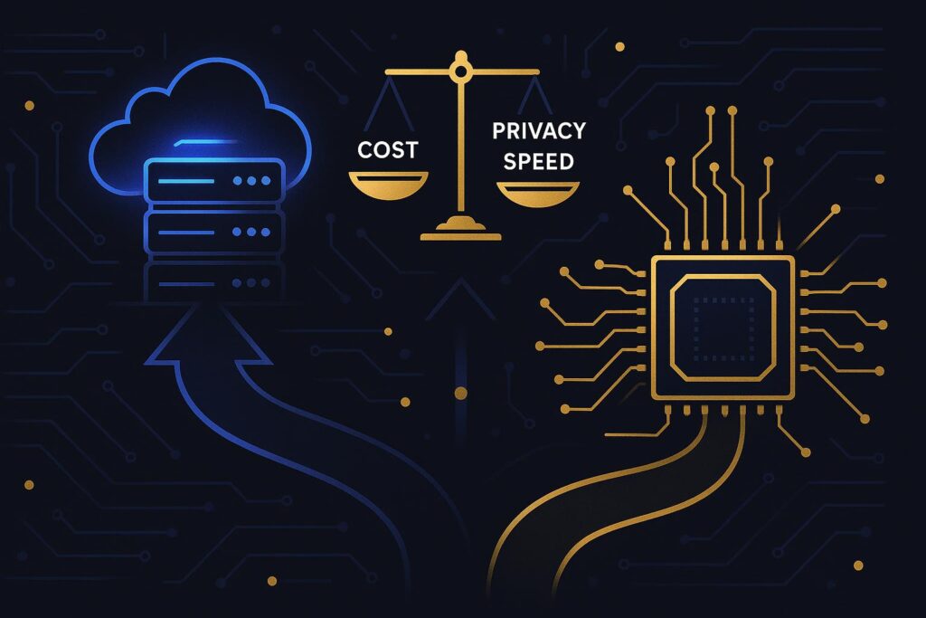 Two diverging paths leading to local chip and cloud server with a decision scale in the center