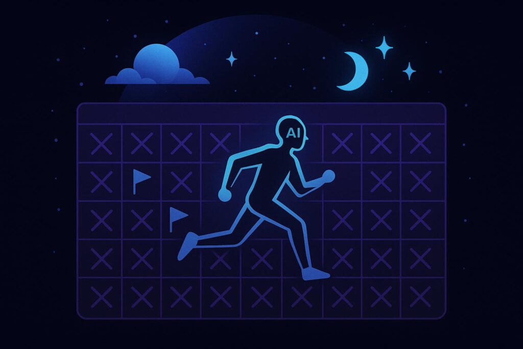 Calendar with 30 days marked off and AI agent running through day and night cycles