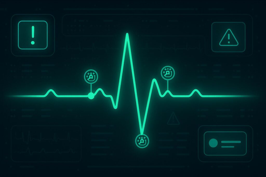 Green heartbeat pulse line across a dark monitoring dashboard with AI agent status indicators