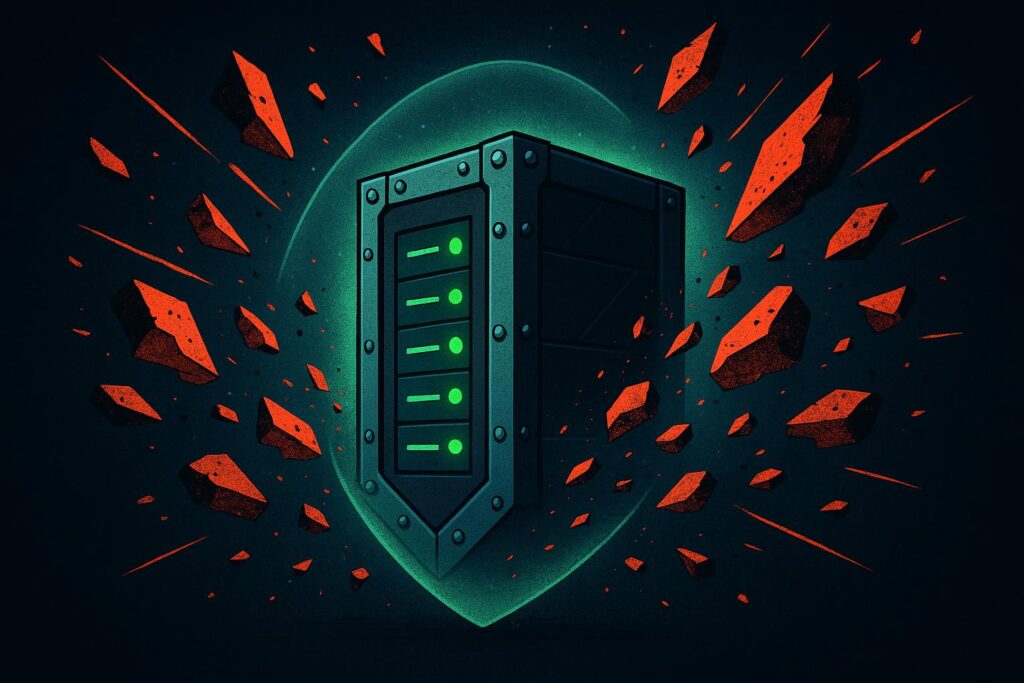 Reinforced server gateway with crash fragments bouncing off a protective shield aura