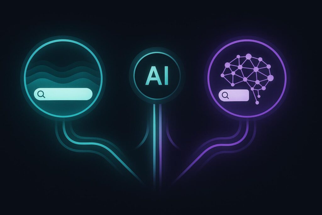 Two glowing search portals representing Tavily deep research and Exa semantic search connected to an AI agent