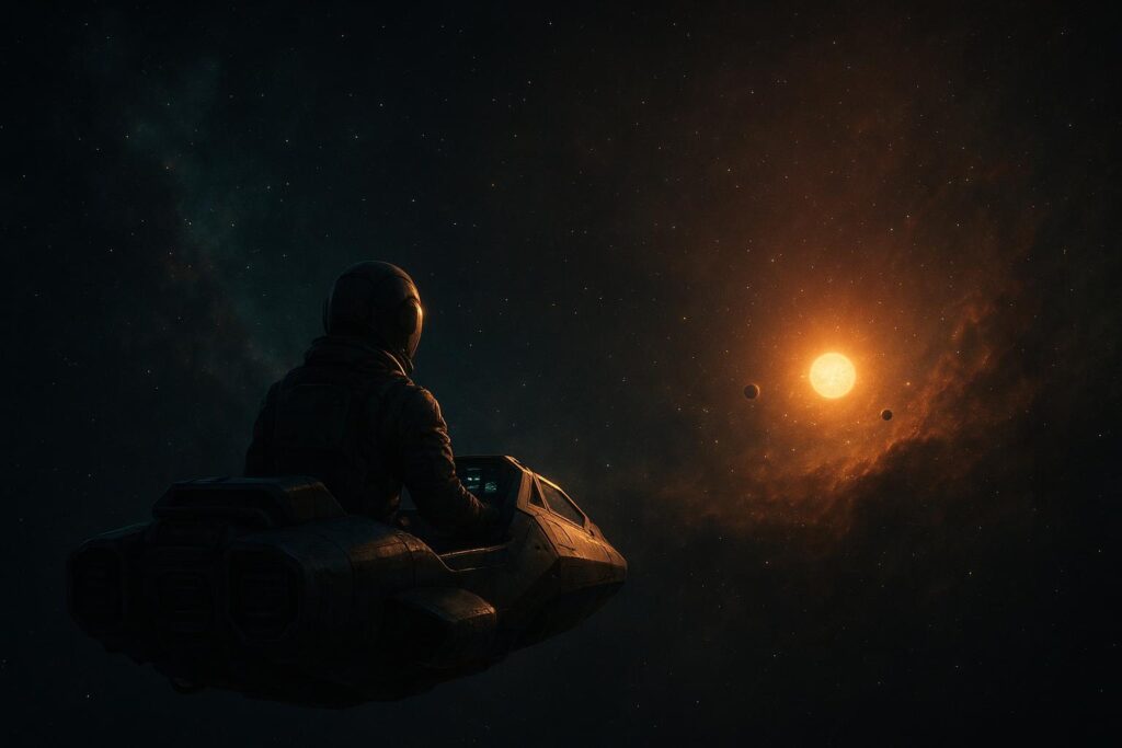 Lone astronaut in spacecraft drifting through deep space toward a distant star system