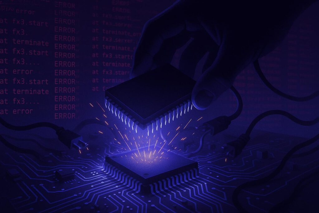 Circuit board with memory plugin being removed, error logs in background