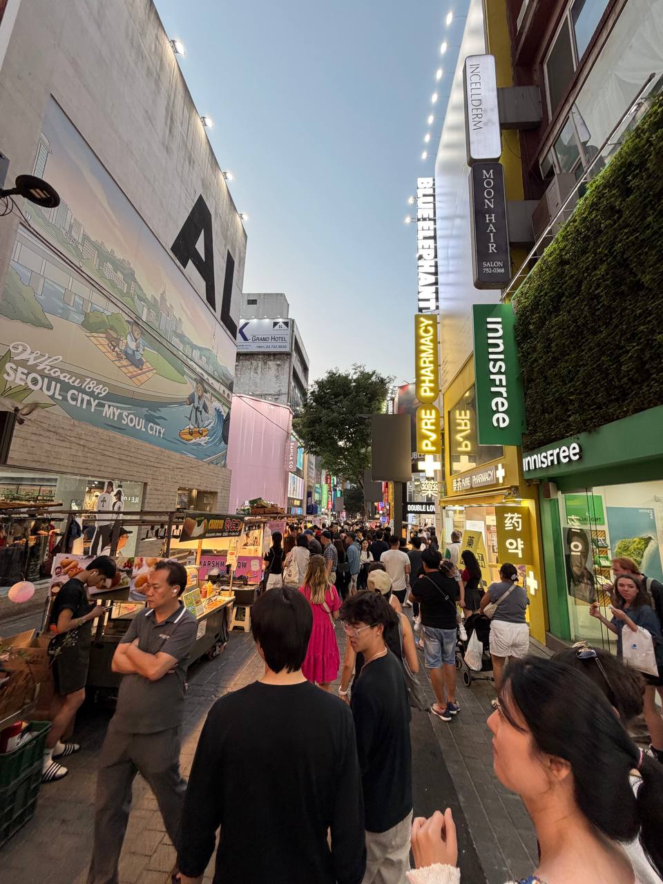 Myeongdong shopping street at dusk with crowds of people and storefronts