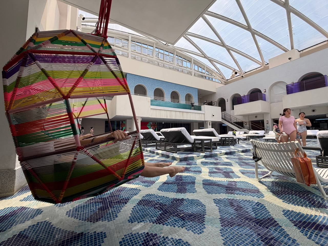 Cimer Spa indoor pool wide overhead view with white loungers