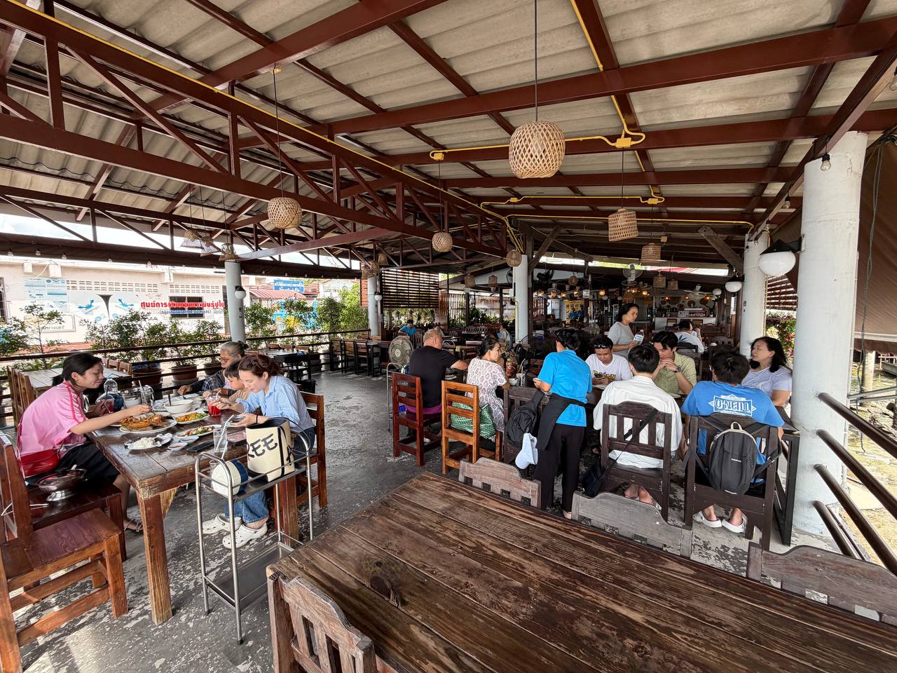 Bangsaray Seafood open-air dining room bamboo pendant lamps Bang Saray Thailand