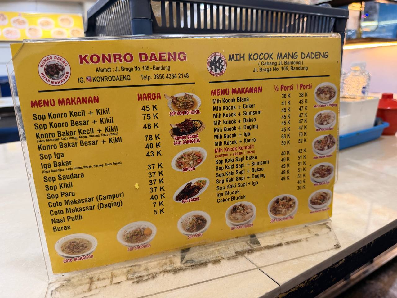 Konro Daeng and Mih Kocok Mang Dadeng menus at Jalan Braga 105 — Makassar beef ribs and Bandung noodle soup side by side