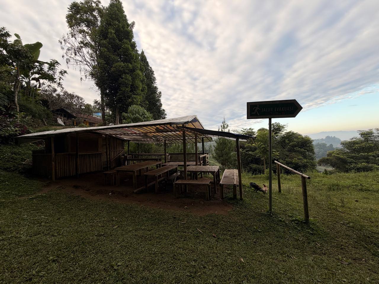 Bamboo warung and JALUR EVAKUASI evacuation sign at Tebing Keraton hilltop — rooster, mountain view at dawn, Bandung