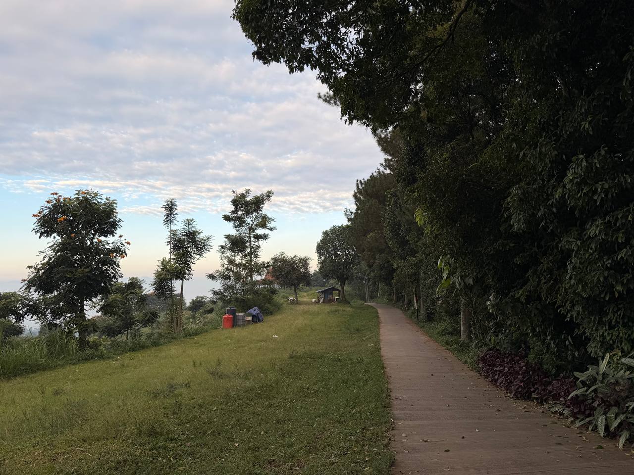 Paved hilltop trail at dawn leading to Tebing Keraton viewpoint — morning light, campsite clearing, Bandung