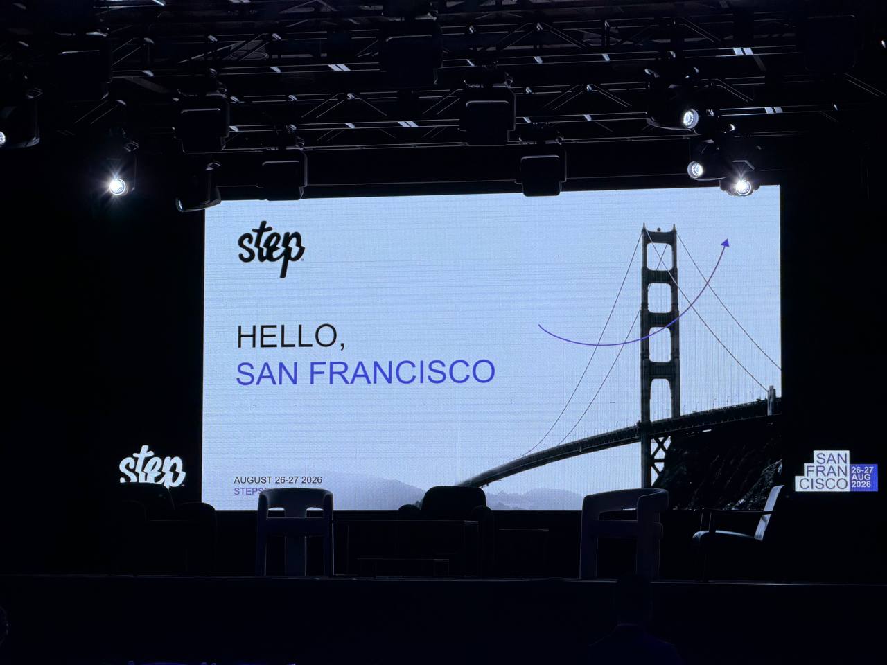 STEP SF 2026 opening stage screen reading Hello, San Francisco with Golden Gate Bridge imagery