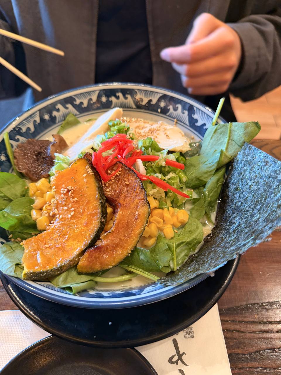 Hinodeya Creamy Vegan Ramen with roasted kabocha squash, spinach, corn, and nori