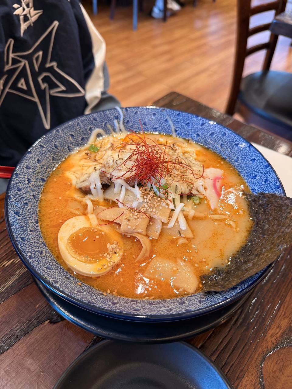 Hinodeya Spicy Miso Ramen with soft-boiled ajitama egg, bamboo shoots, and chili threads