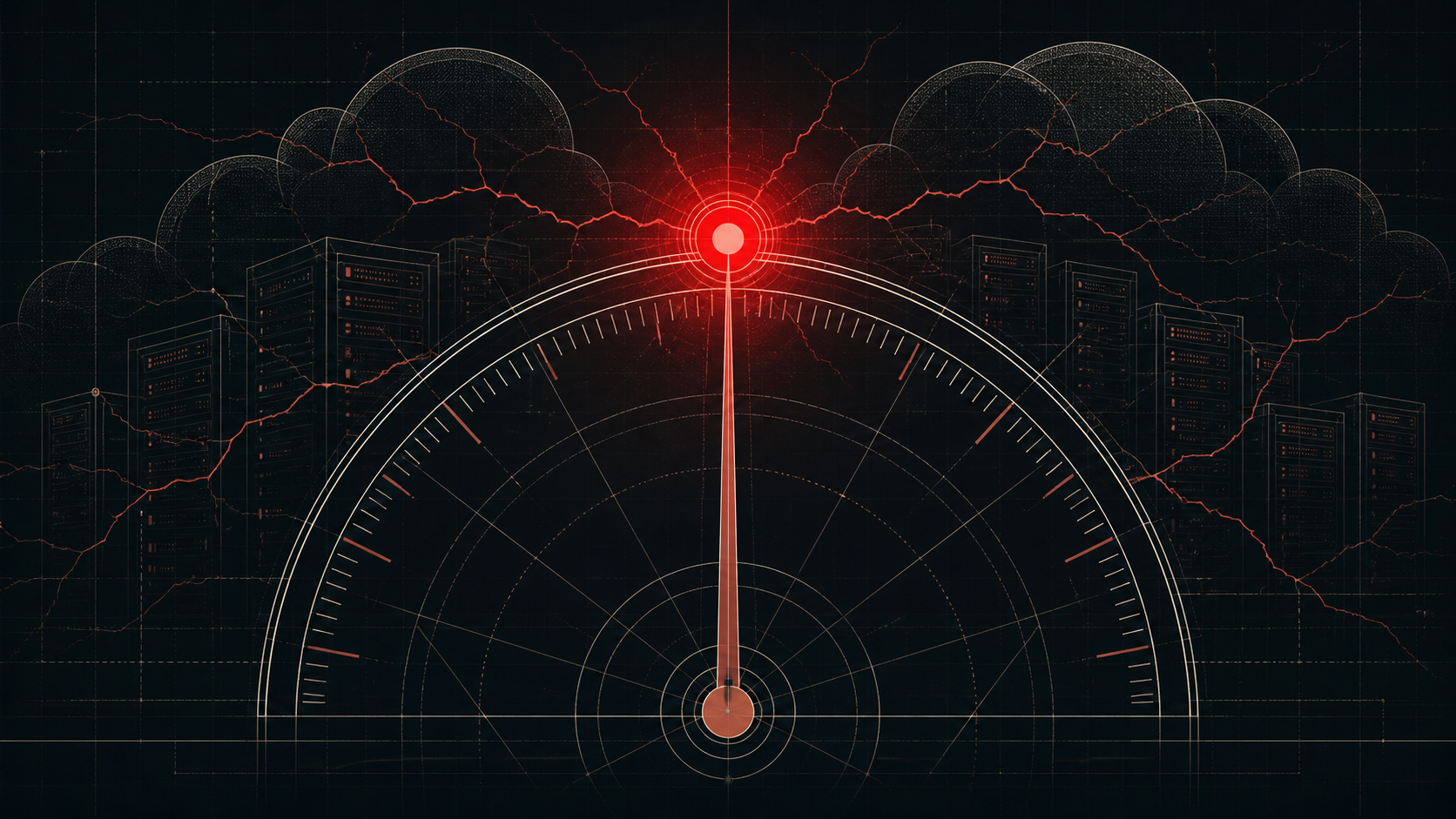 Abstract wireframe illustration of a severity gauge pegged at maximum with cracks radiating over a dark server silhouette, representing a critical unauthenticated remote code execution vulnerability