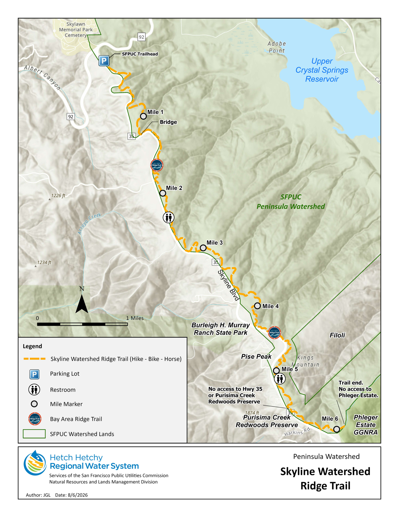 Official SFPUC map of the Skyline Watershed Ridge Trail showing the actual winding route, mile markers, restrooms, and boundaries