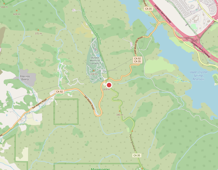 Map showing the Skyline Watershed Ridge Trail trailhead parking area on Highway 35 near Skylawn Memorial Gardens and Upper Crystal Springs Reservoir