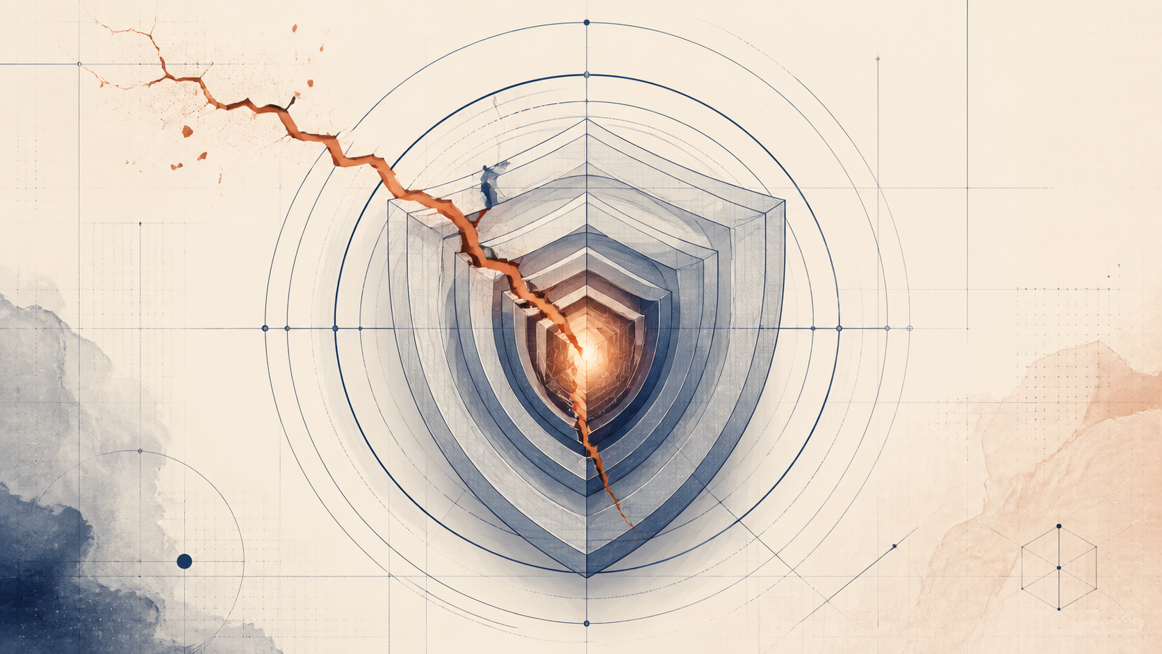 Abstract wireframe illustration of nested shield-like layers with a crack breaking from an outer layer into a glowing inner core, representing a privilege escalation exploit