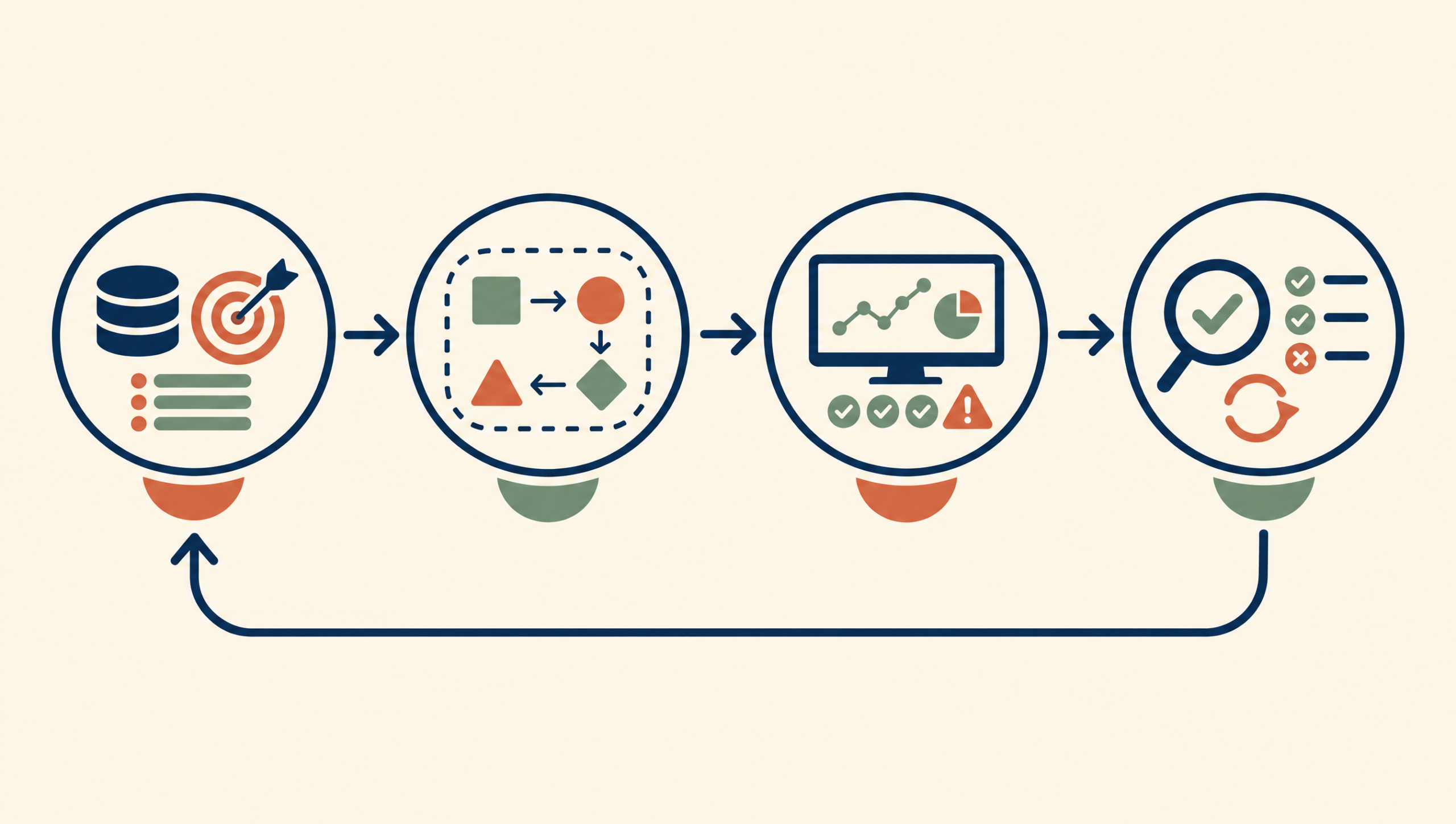 Diagram of an AI oversight loop from inventory through execution, monitoring, human review, and correction