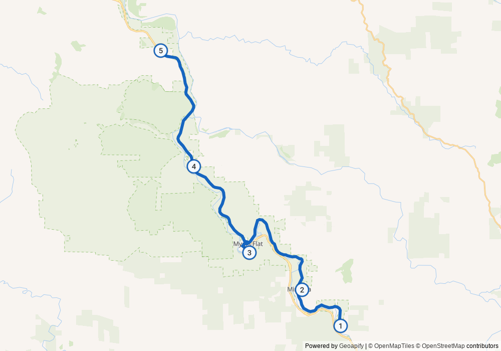Calculated route map through Phillipsville, Miranda, Myers Flat, Weott and Redcrest