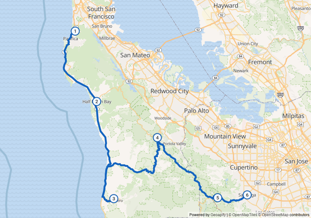 Calculated planning route connecting Pacifica, Half Moon Bay, Pescadero, Skyline Boulevard, Highway 9, and Saratoga