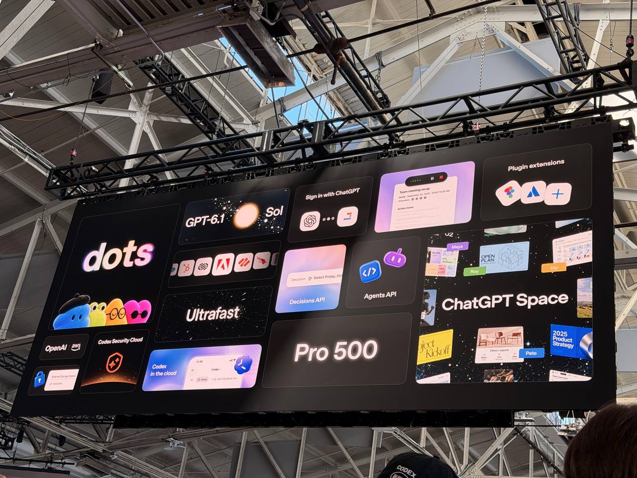 OpenAI DevDay 2026 slide showing Dots, GPT-6.1 Sol, Codex, Agents API, Pro 500, and ChatGPT Space.