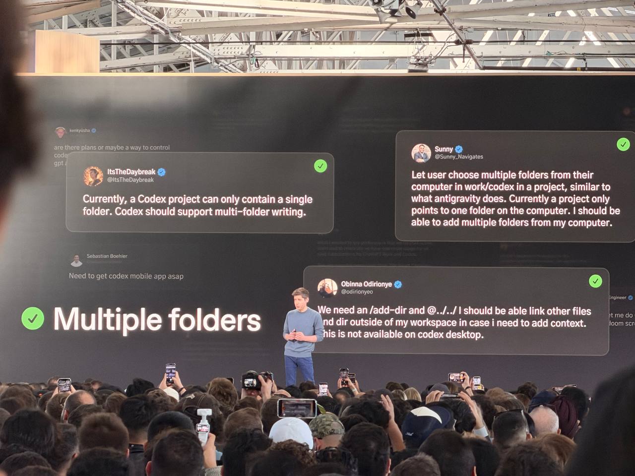 OpenAI DevDay slide announcing multiple-folder support in Codex.