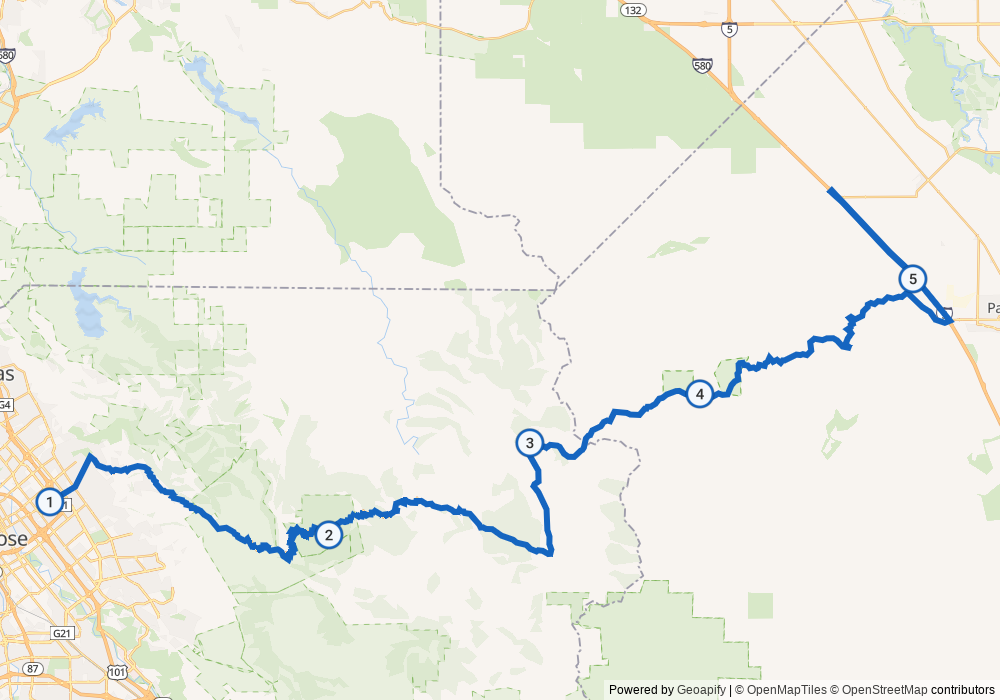 Calculated motorcycle route from San Jose over Mount Hamilton and through Del Puerto Canyon toward Patterson