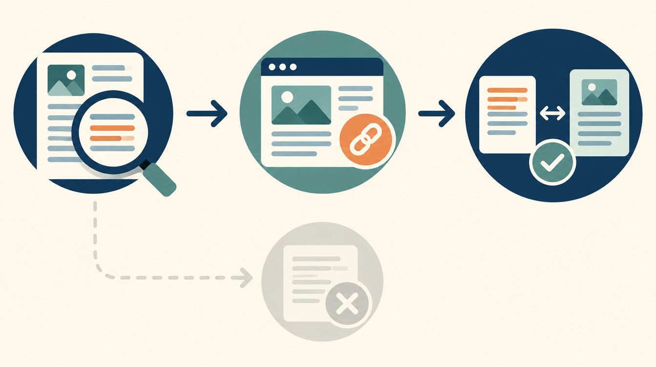 Illustrative three-step source check: inspect a claim, open the source, and compare the exact claim to the evidence.
