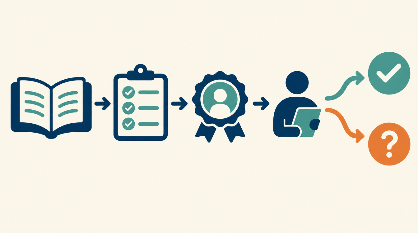 Illustrative course-selection path from reading a course page through checking terms and assessing learning value, ending in a verified or uncertain path.