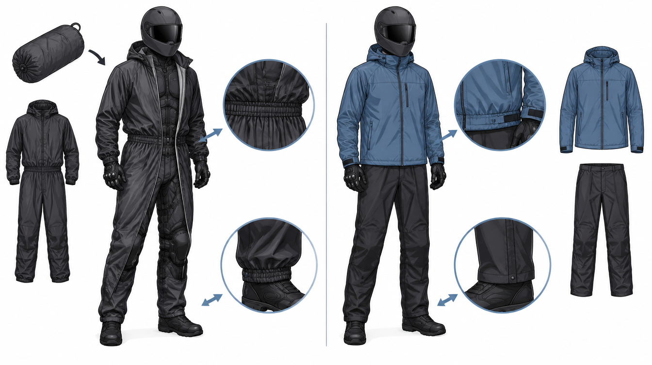 Side-by-side rain oversuit and waterproof jacket-and-pants systems with cuff and ankle details