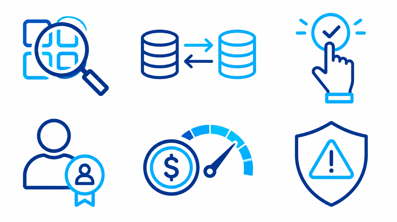 Six icons for AI inventory, data, approval, ownership, spending, and risk