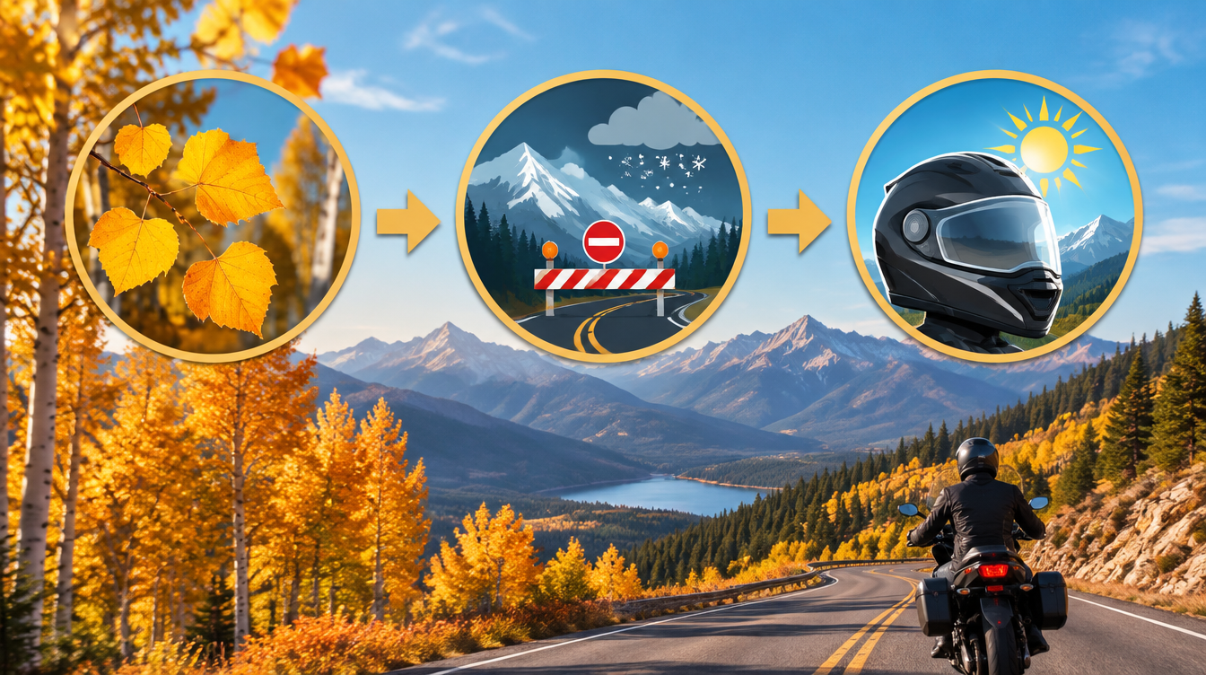Three conceptual ride-planning gates: foliage, road and weather status, and rider margin