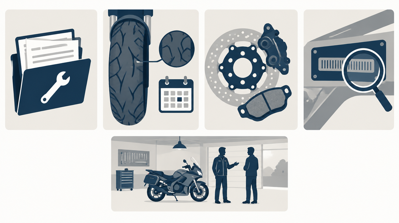 Illustrated used-bike checks: service records, tire condition, brakes, VIN, and a conversation with the owner